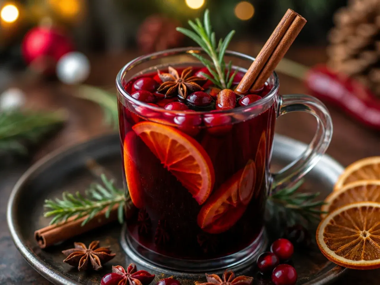 Overhead shot of several festive holiday drinks in mugs and glasses arranged on a wooden table