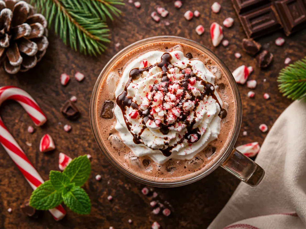 Iced peppermint mocha in a tall glass topped with whipped cream and crushed candy cane