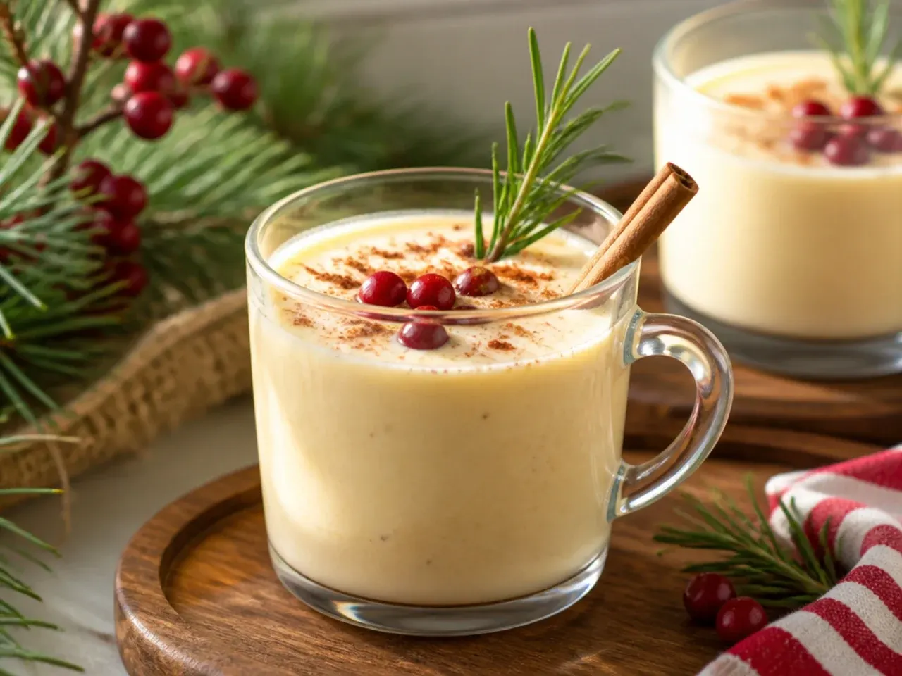 Glass mug of classic eggnog dusted with nutmeg and a cinnamon stick garnish