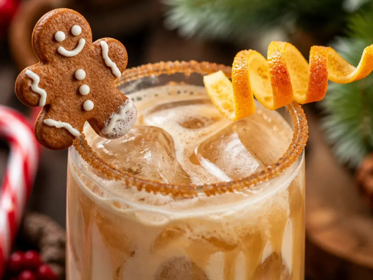 Copycat gingerbread latte in a clear glass mug with cinnamon dusted on the foam