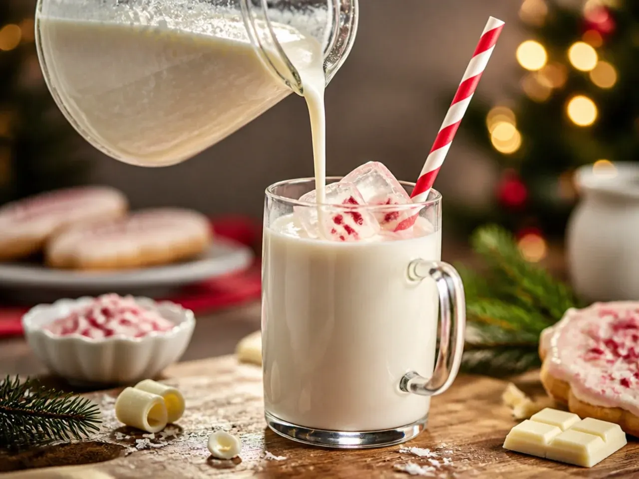 Mug of creamy white hot chocolate topped with whipped cream and crushed peppermint