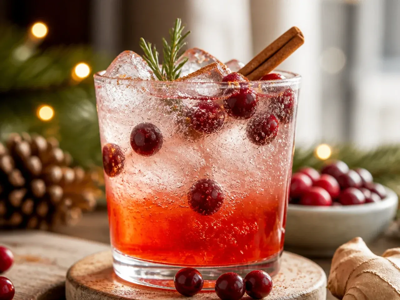 Sparkling cranberry ginger fizz in a highball glass with fresh cranberries and rosemary