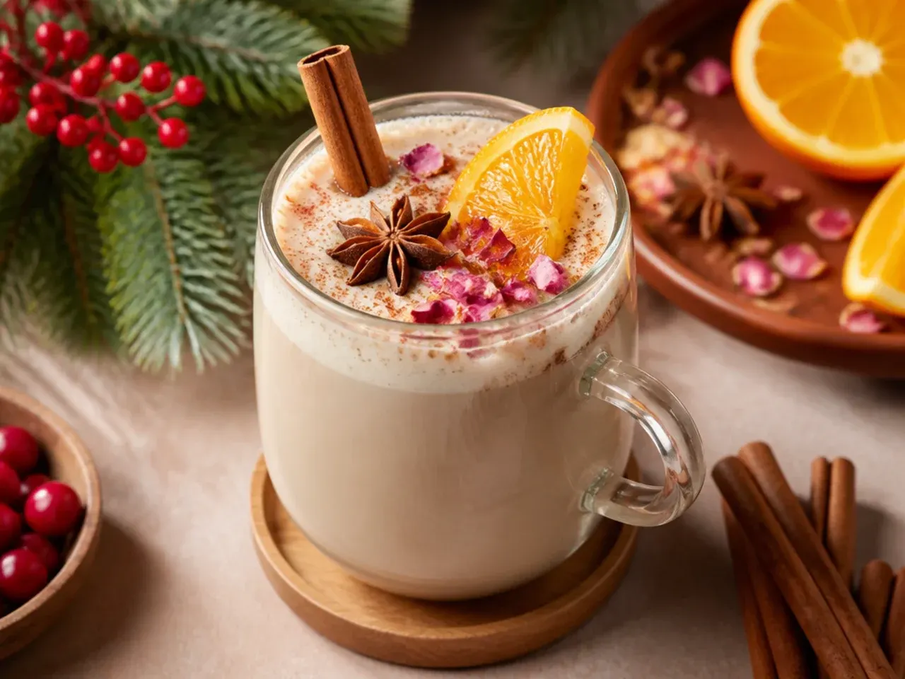 Cozy spiced chai latte in a mug with visible foam and a dusting of cinnamon