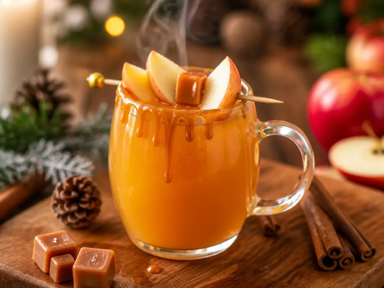 Caramel apple cider in a glass mug with caramel drizzle and whipped cream