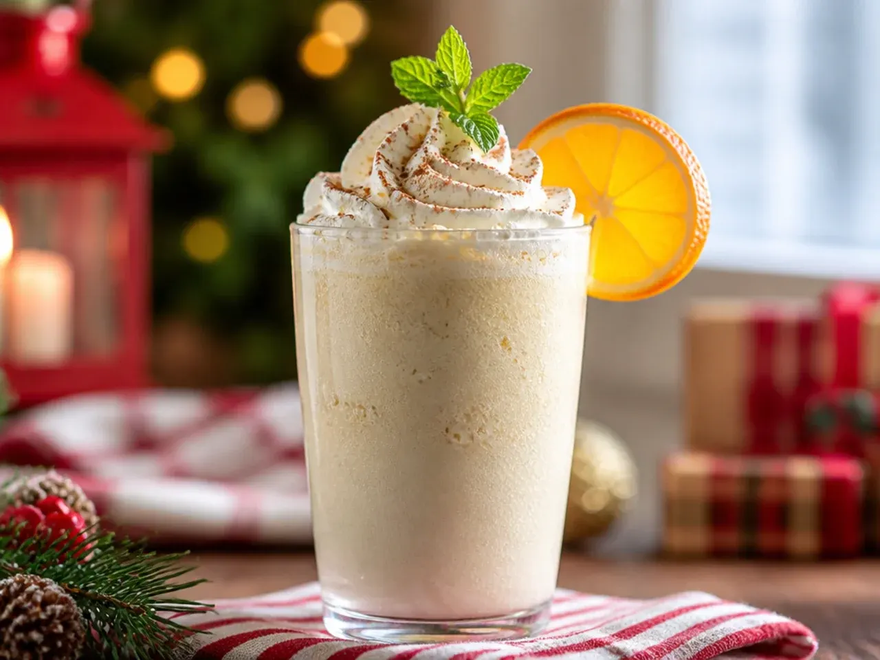 Frozen eggnog milkshake in a tall glass topped with whipped cream and a gingerbread cookie