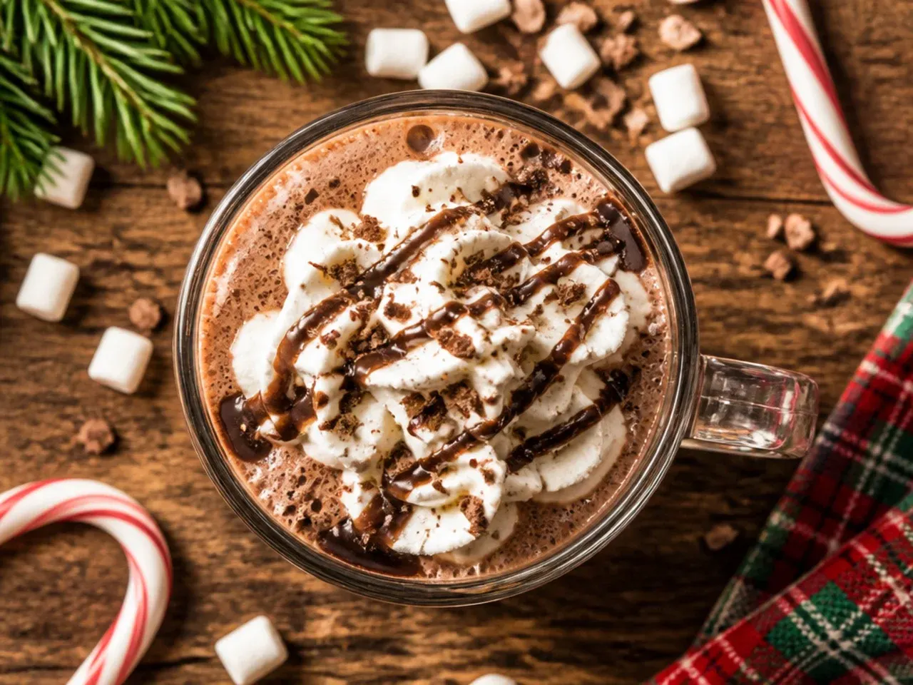Simple hot cocoa in a red mug topped with melting mini marshmallows
