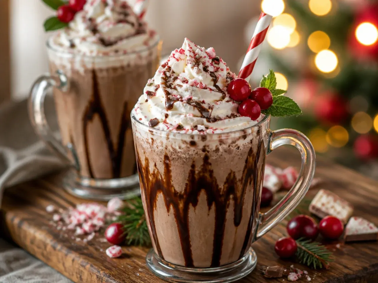 Blended peppermint bark frappe in a glass with whipped cream and crushed candy cane on top