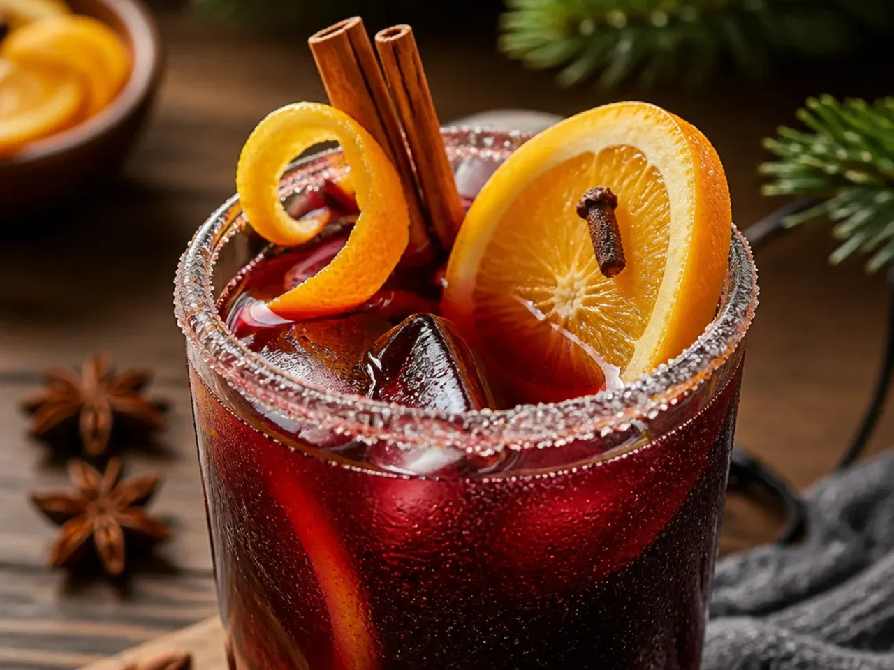 Steaming glass mug of spiced mulled wine with orange slices and a cinnamon stick