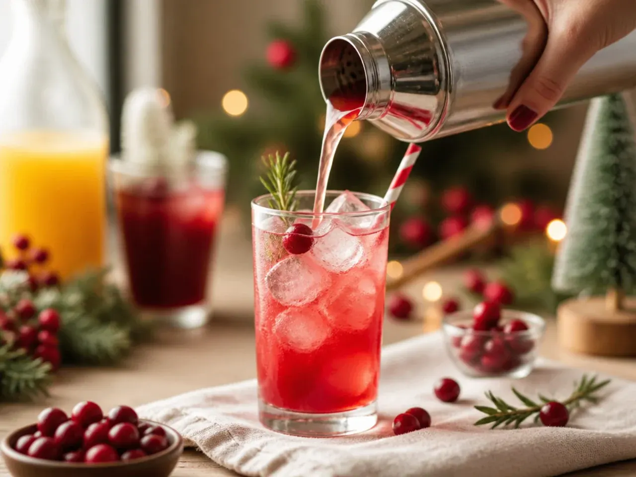 Festive cranberry mimosa in a champagne flute garnished with floating cranberries
