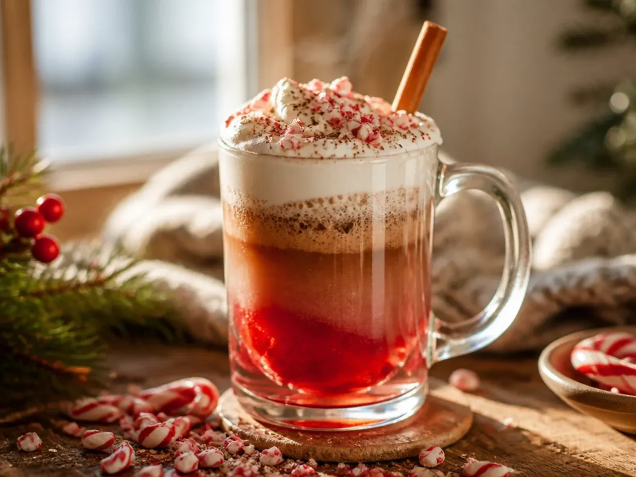Layered candy cane cocoa in a clear glass mug showing red and brown stripes