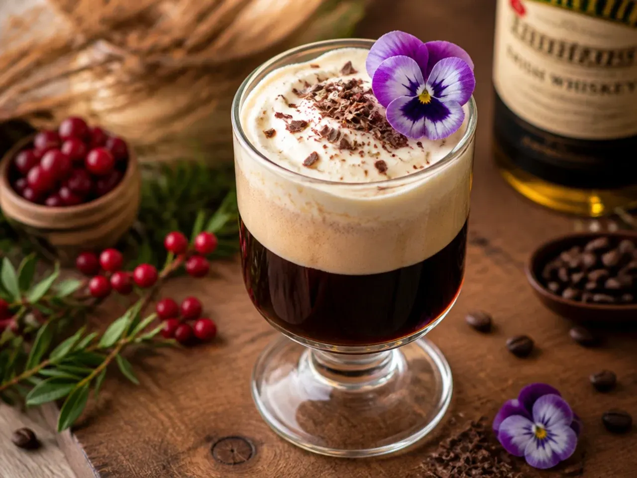 Bold Irish coffee in a glass mug with a thick layer of cream floating on top