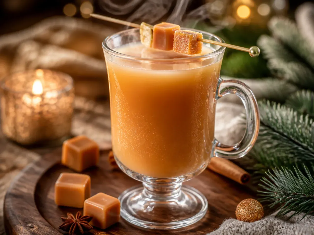 Smooth butterscotch toddy in a heatproof glass with an orange peel twist