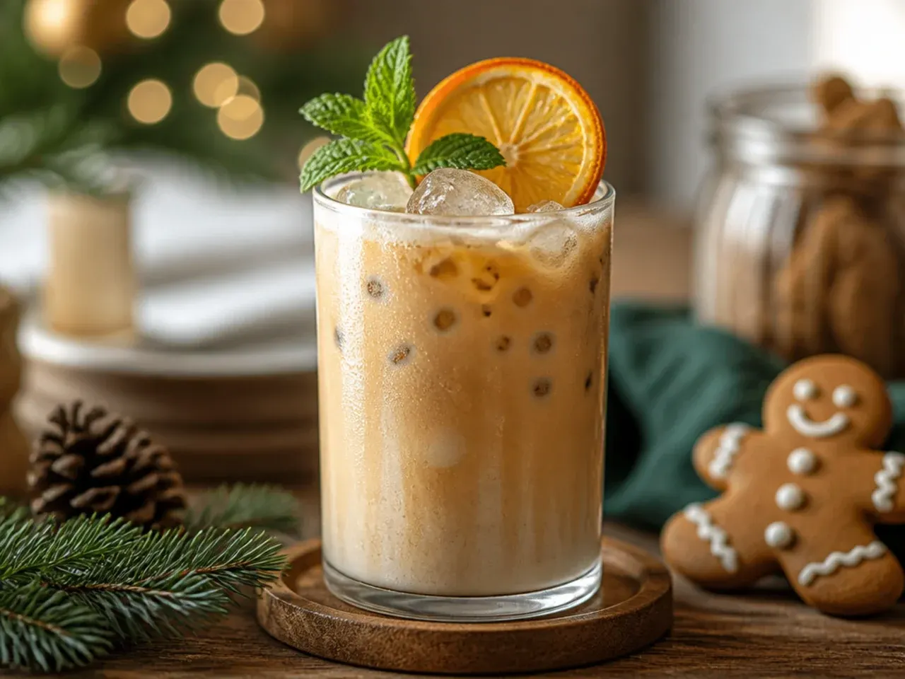 Iced gingerbread latte in a tall glass with layered milk and espresso