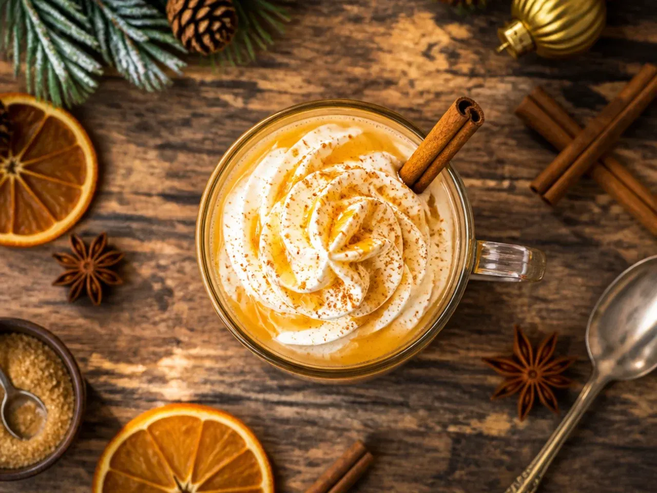Hot buttered rum in a small glass mug with a pat of spiced butter melting on top