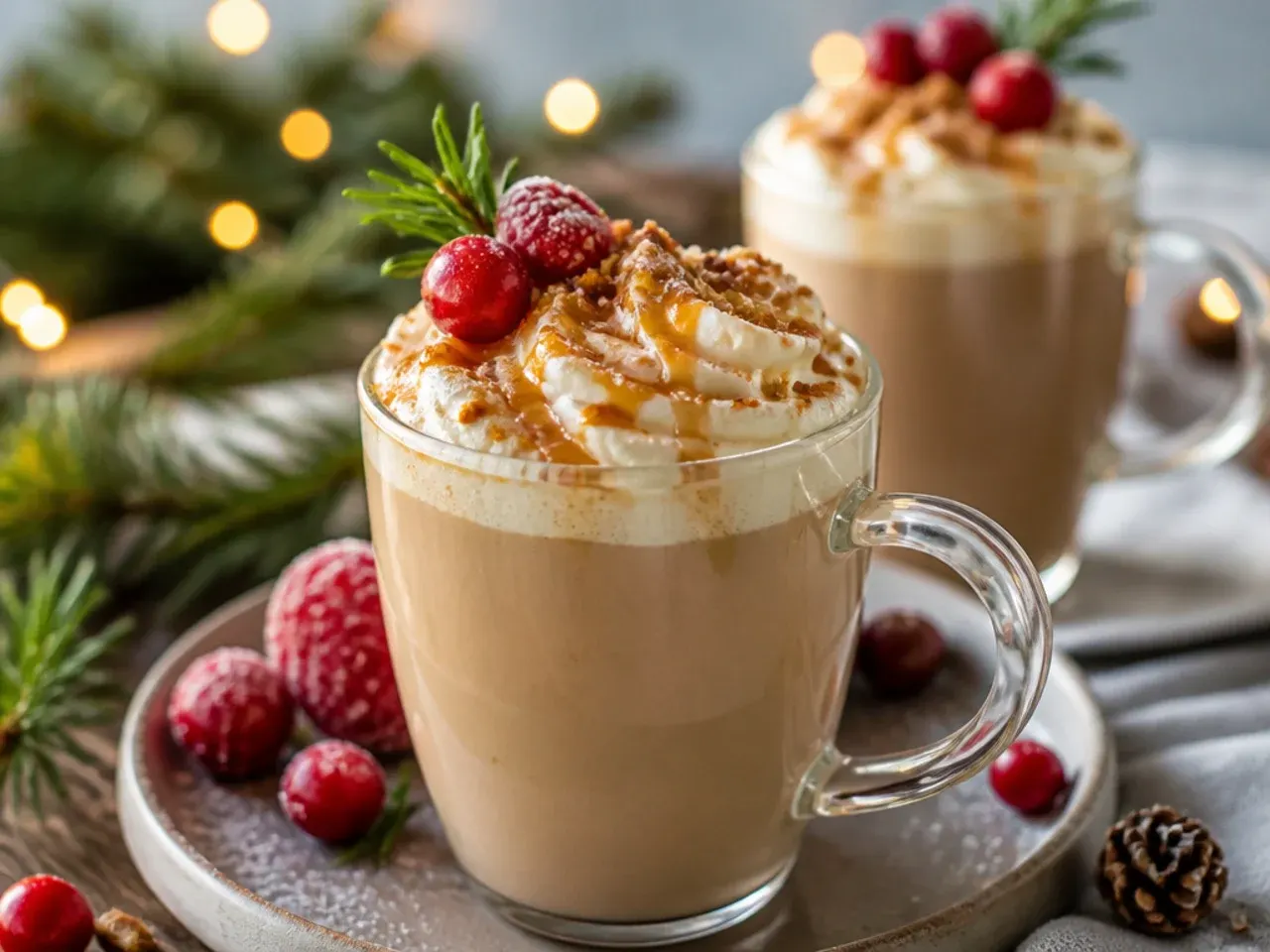Copycat chestnut praline latte topped with whipped cream and a caramel drizzle