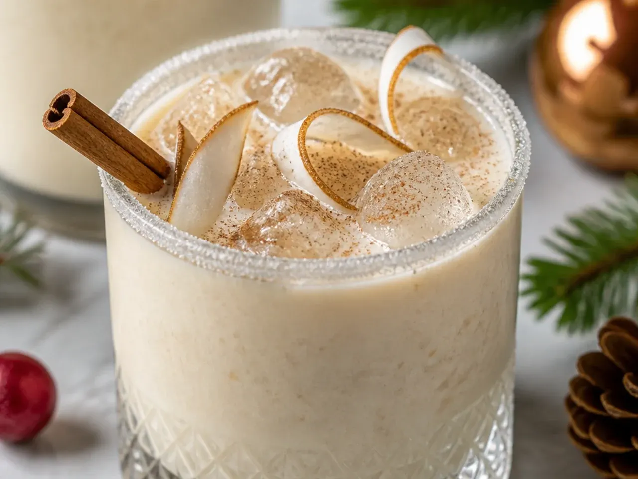 Creamy coconut eggnog in a glass with shredded coconut and nutmeg garnish