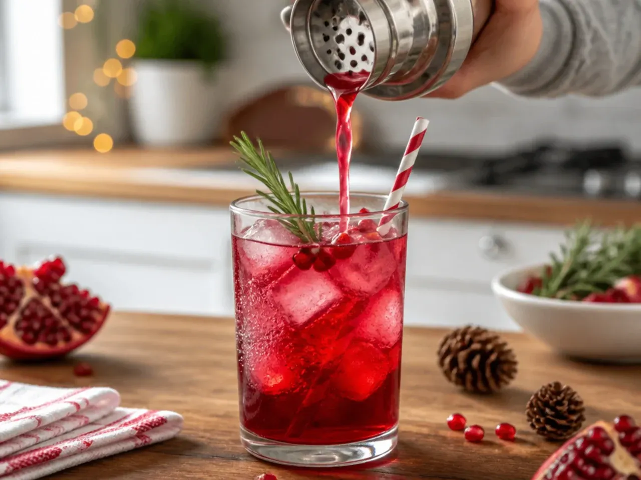 Pomegranate spritzer in a tall glass with floating pomegranate seeds and mint
