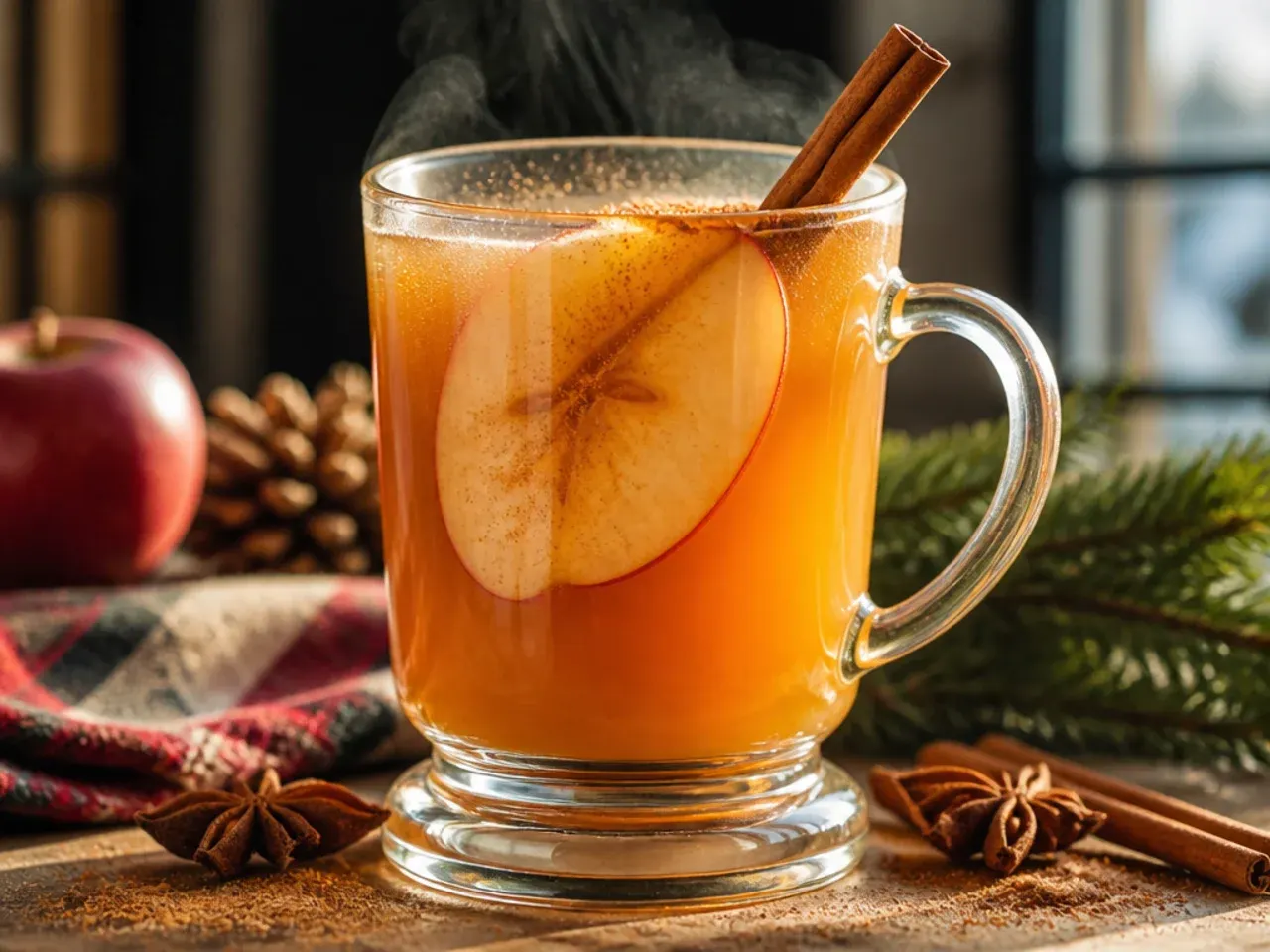 Mulled apple cider simmering in a pot with orange slices and whole spices