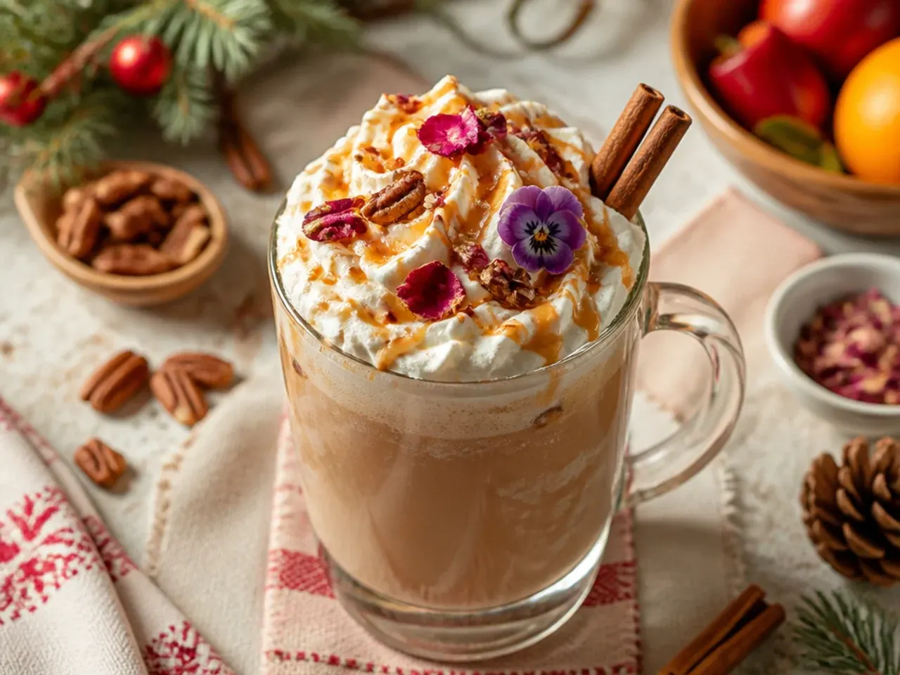 Maple pecan latte topped with foam and scattered toasted pecans