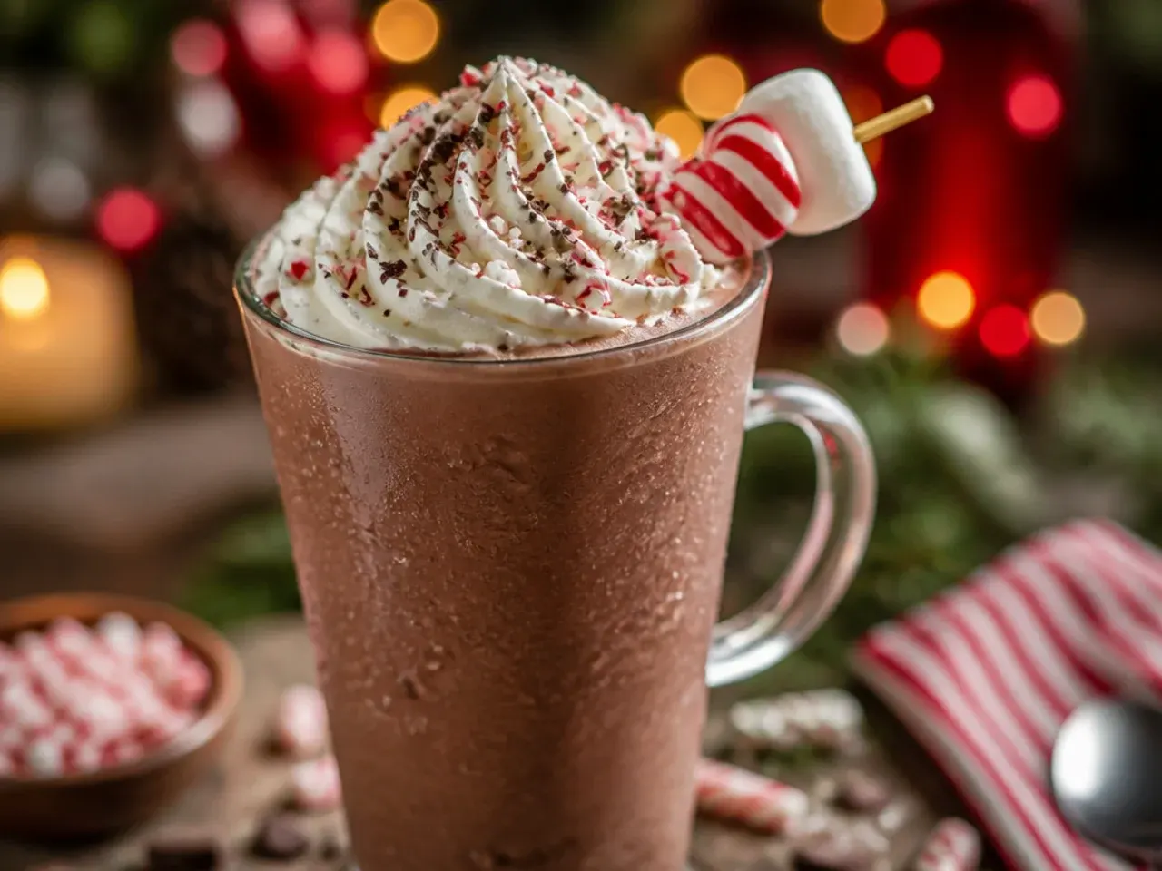 Frozen hot chocolate in a glass topped with whipped cream and chocolate shavings