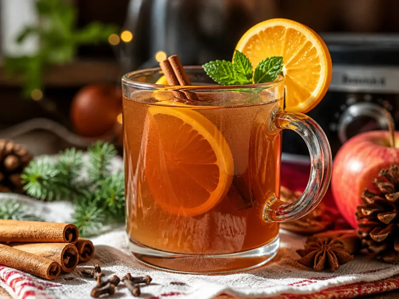 Slow cooker wassail with orange slices and cinnamon sticks floating on top