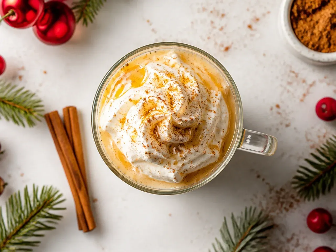 Blended eggnog colada in a chilled glass garnished with nutmeg and a pineapple wedge