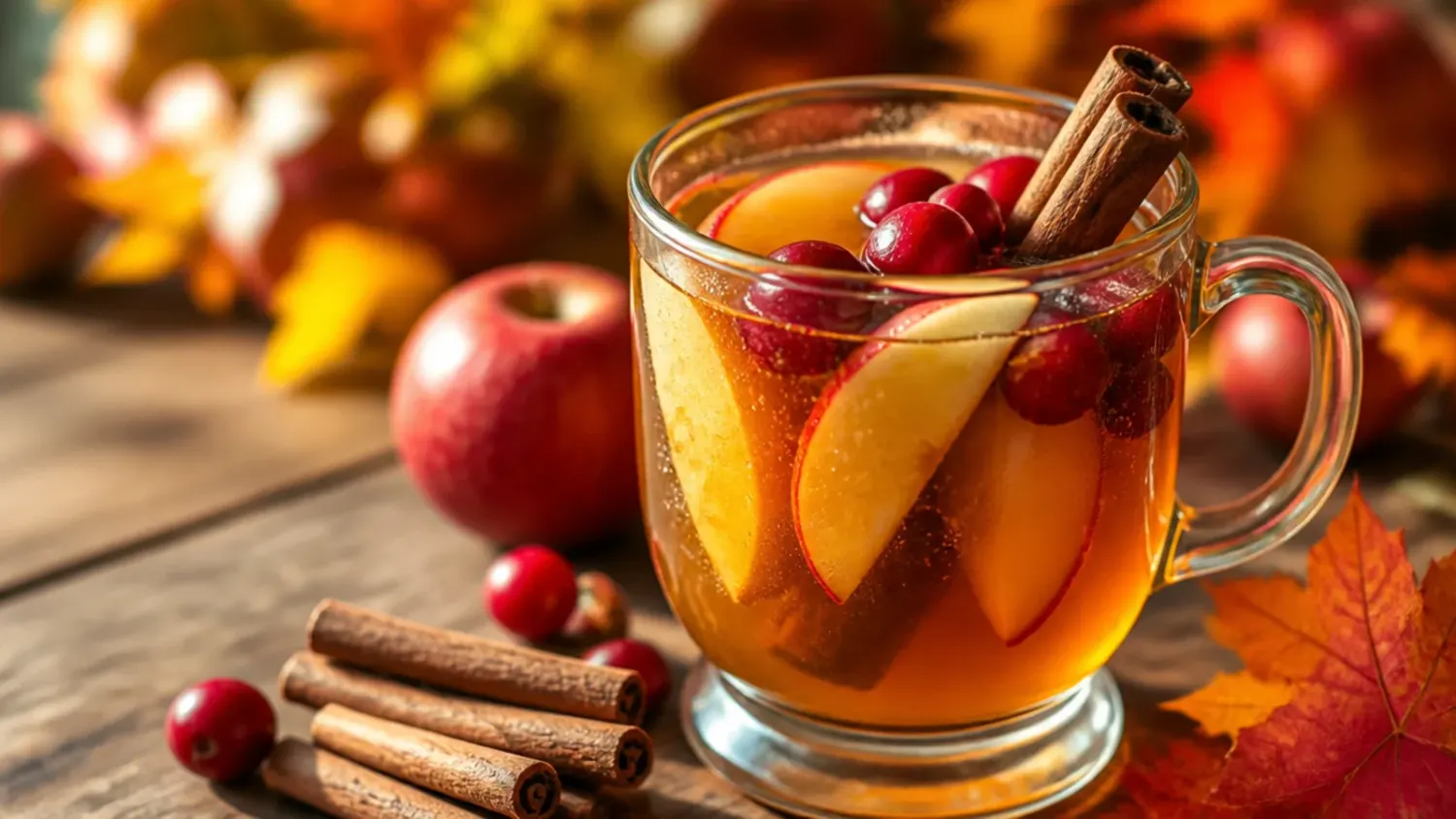 A wooden table set with a punch bowl of spiced cranberry apple cider, glasses of festive Thanksgiving drinks, cinnamon sticks and orange slices scattered around