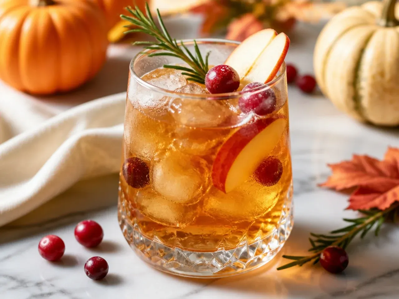 Overhead shot of several festive Thanksgiving drinks in glass mugs and coupe glasses on a rustic wooden table
