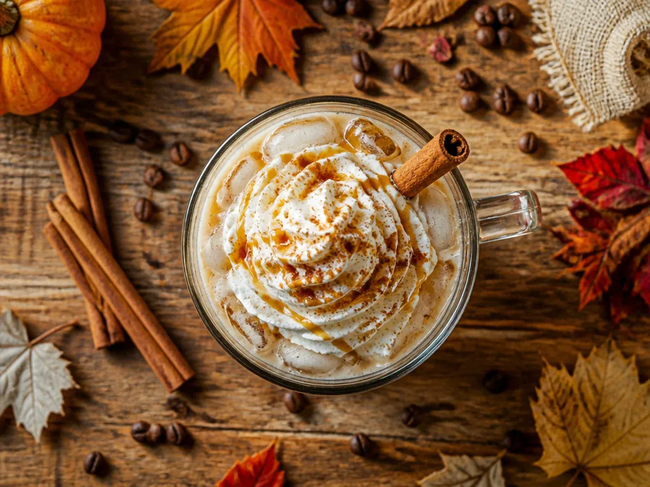 Iced maple cinnamon latte in a tall glass with cinnamon dusted on top, ice cubes visible