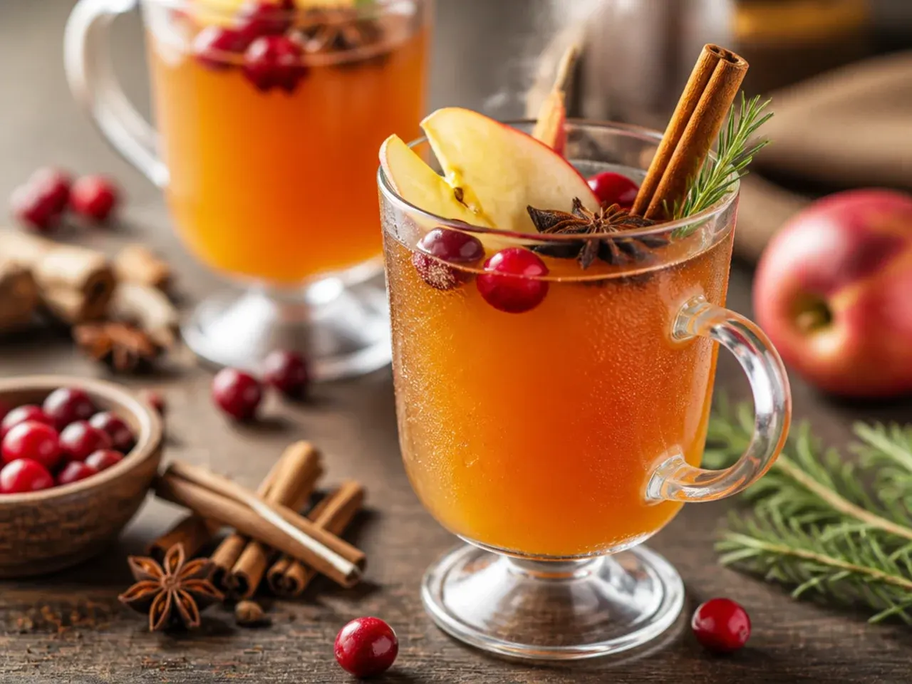 Mug of classic spiced apple cider garnished with a cinnamon stick and orange slice