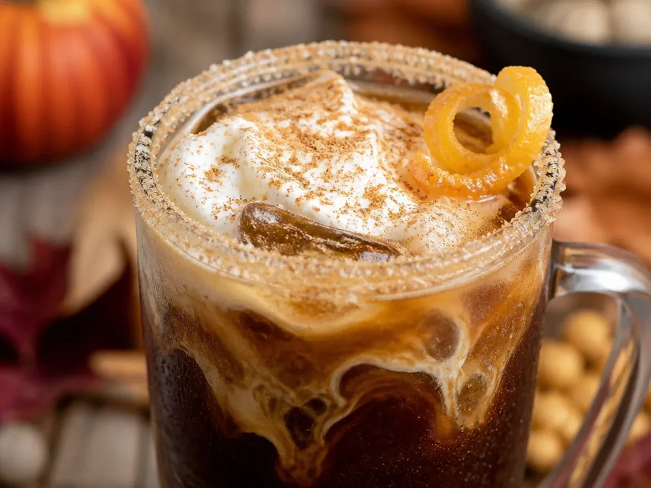 Copycat pumpkin cream cold brew in a clear plastic-style cup with a thick cream layer floating on dark coffee