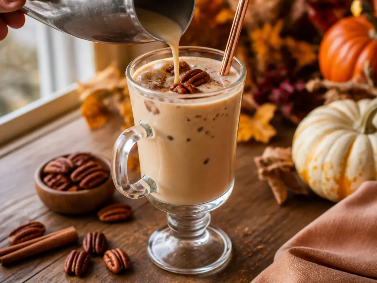 Glass of creamy brown butter pecan eggnog topped with chopped toasted pecans and a sprinkle of nutmeg
