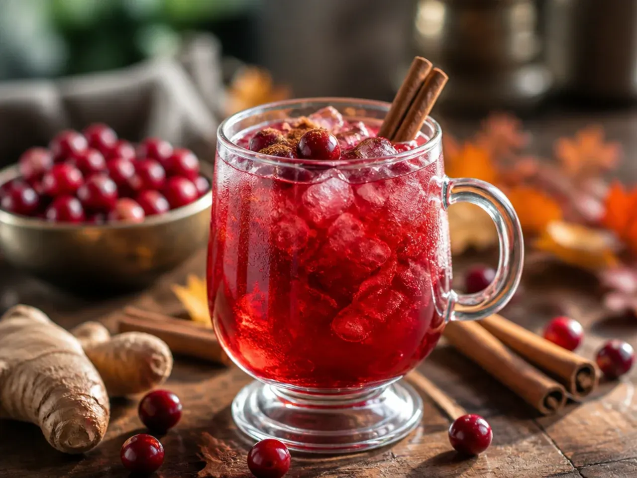Tall glass of refreshing cranberry ginger fizz with fresh cranberries and a lime wheel garnish