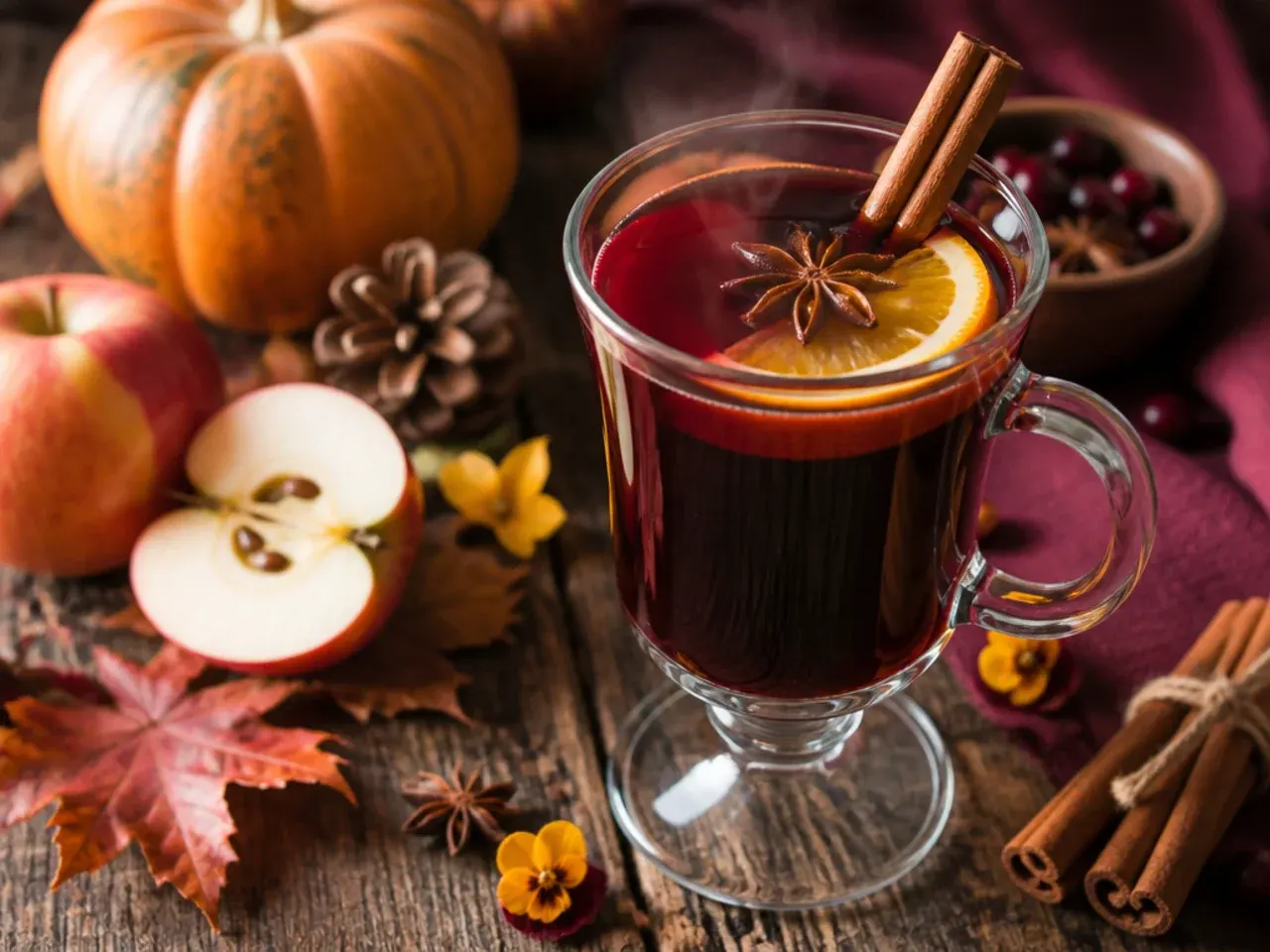 Pot of cozy mulled red wine simmering with cinnamon sticks, orange slices and star anise