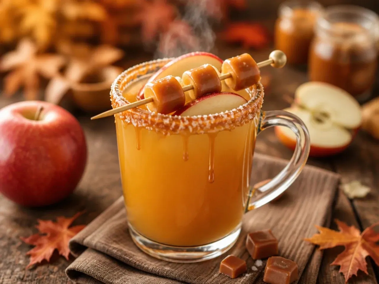 Mug of sweet salted caramel apple cider topped with whipped cream and caramel drizzle