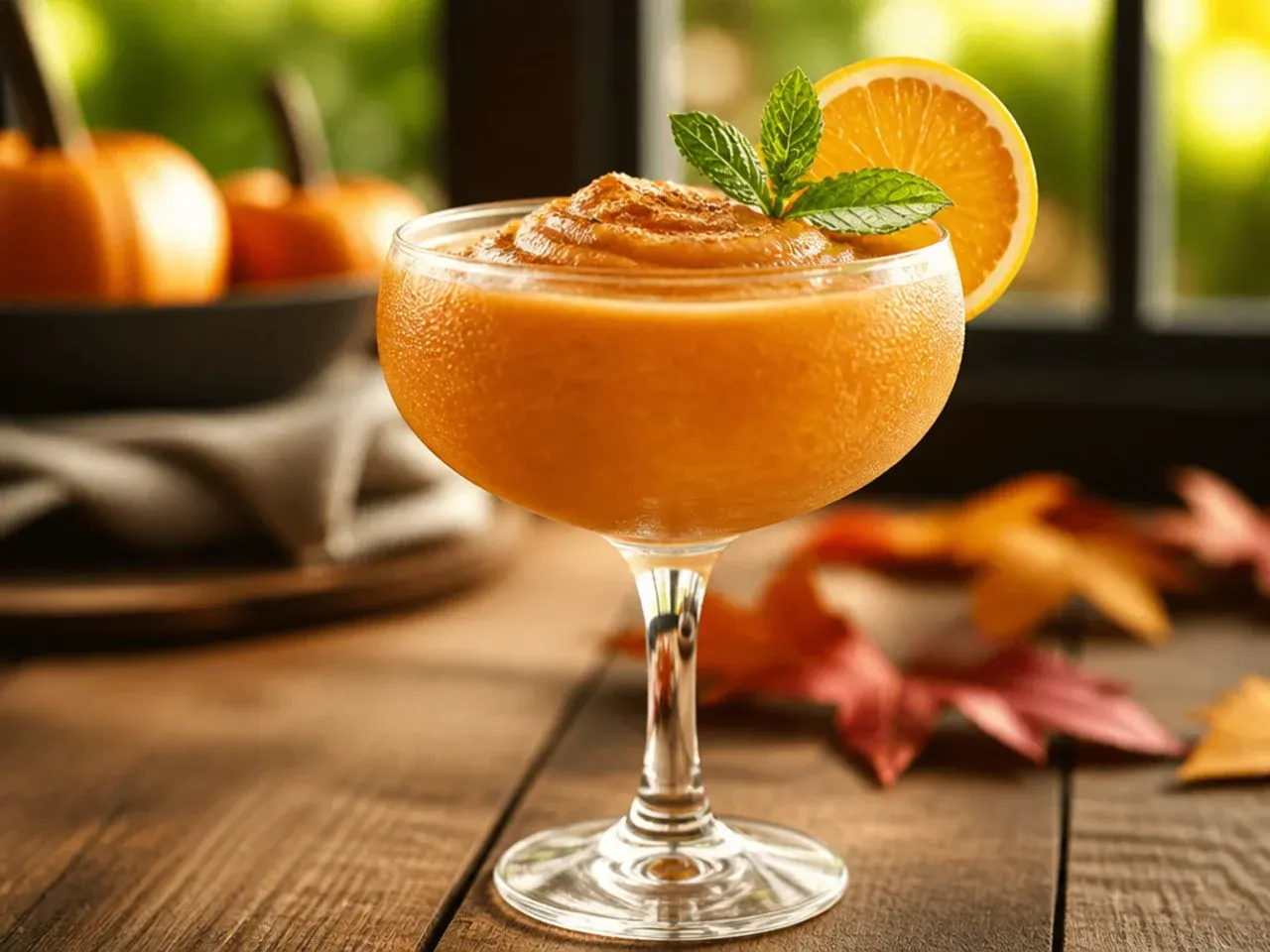Frozen pumpkin pie daiquiri in a coupe glass with a graham cracker rim and whipped cream