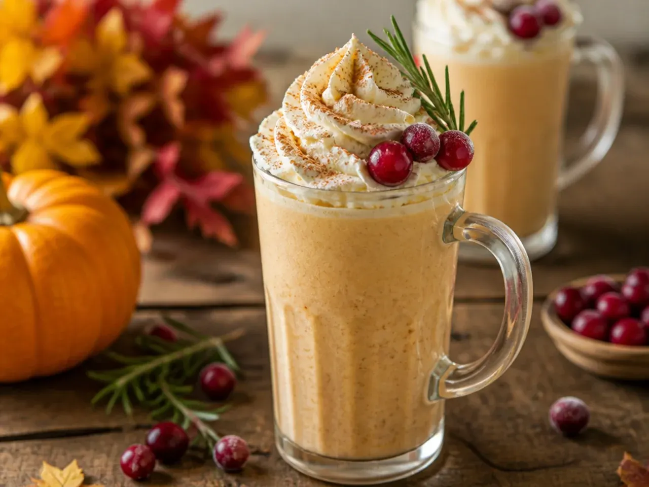 Thick blended pumpkin spice milkshake in a glass topped with whipped cream and cinnamon