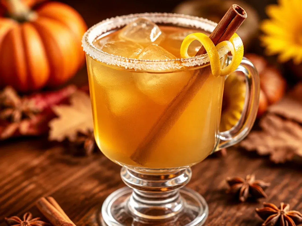 Spiced chai bourbon cocktail in a heatproof glass mug with a cinnamon stick garnish
