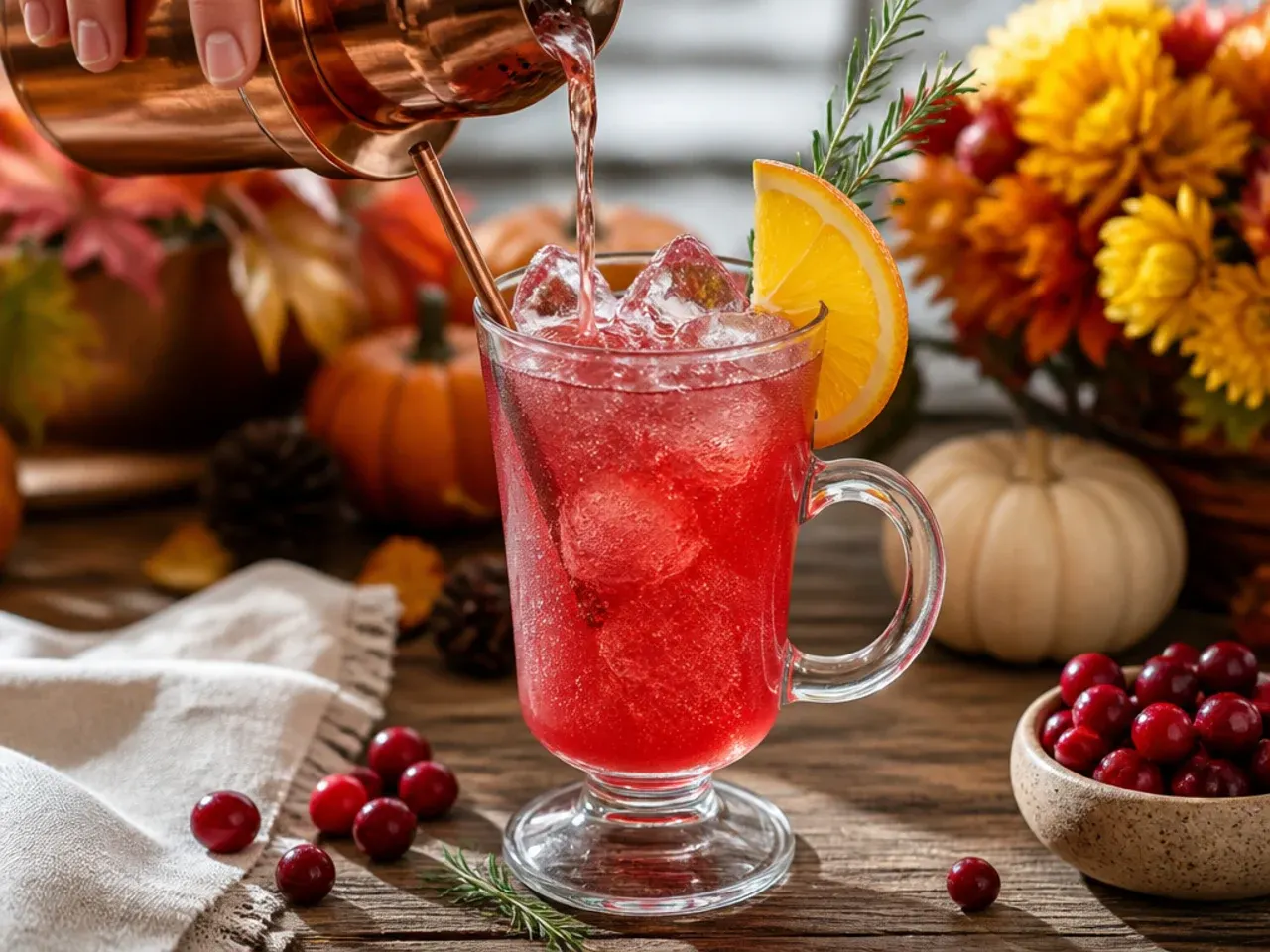Festive cranberry orange sparkler in a clear coupe glass showing layered red and orange colour