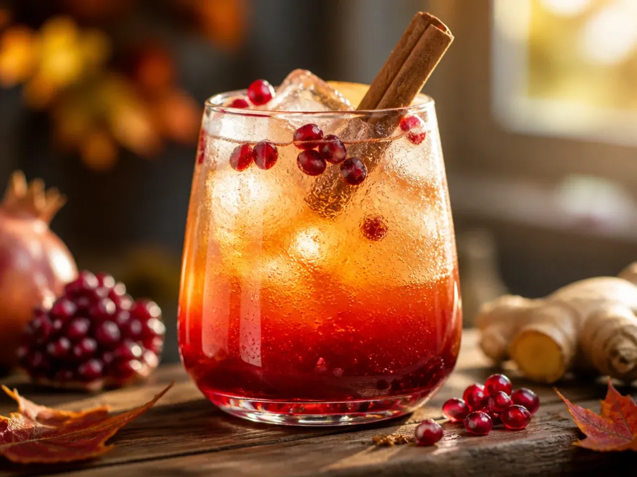 Layered pomegranate ginger spritz in a tall glass showing distinct red and gold layers with pomegranate arils