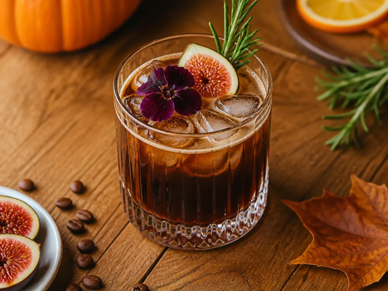 Bold espresso maple old fashioned in a rocks glass over a large ice cube with an orange peel twist