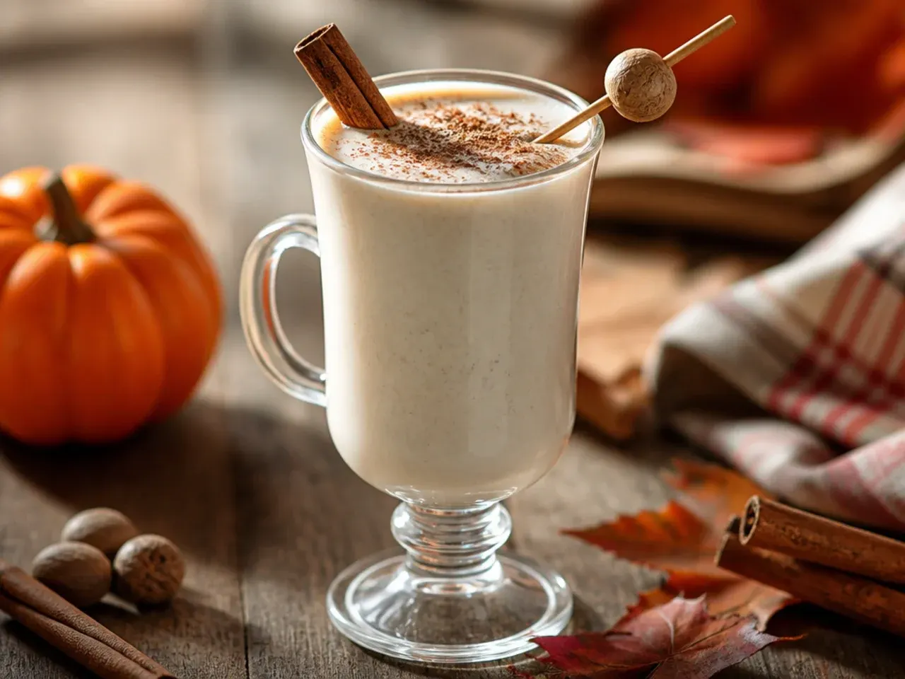 Smooth vanilla bean eggnog in a glass mug with visible vanilla bean flecks and a nutmeg dusting