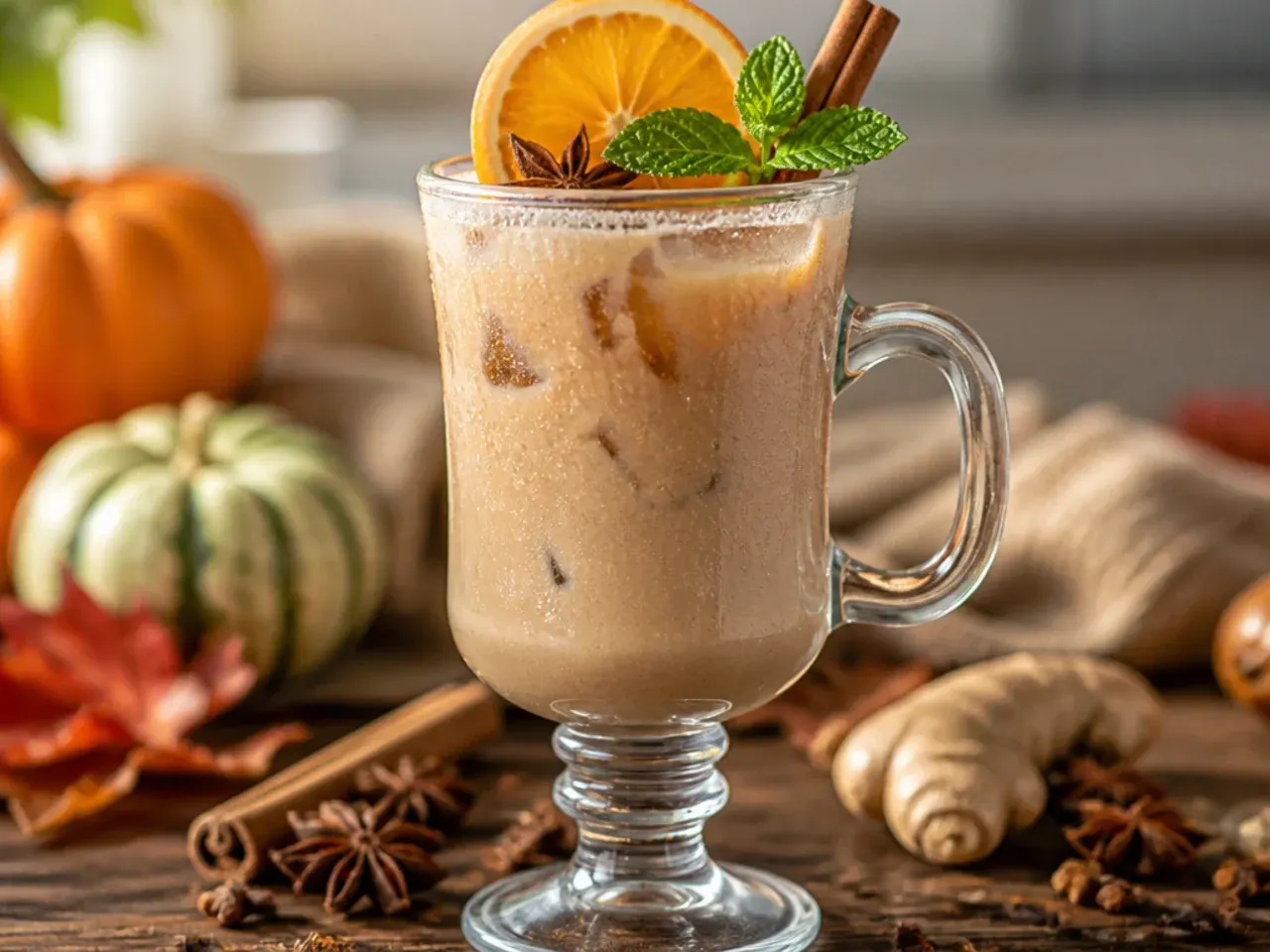 Iced spiced chai tea latte in a tall glass with visible milk swirl and a cinnamon stick