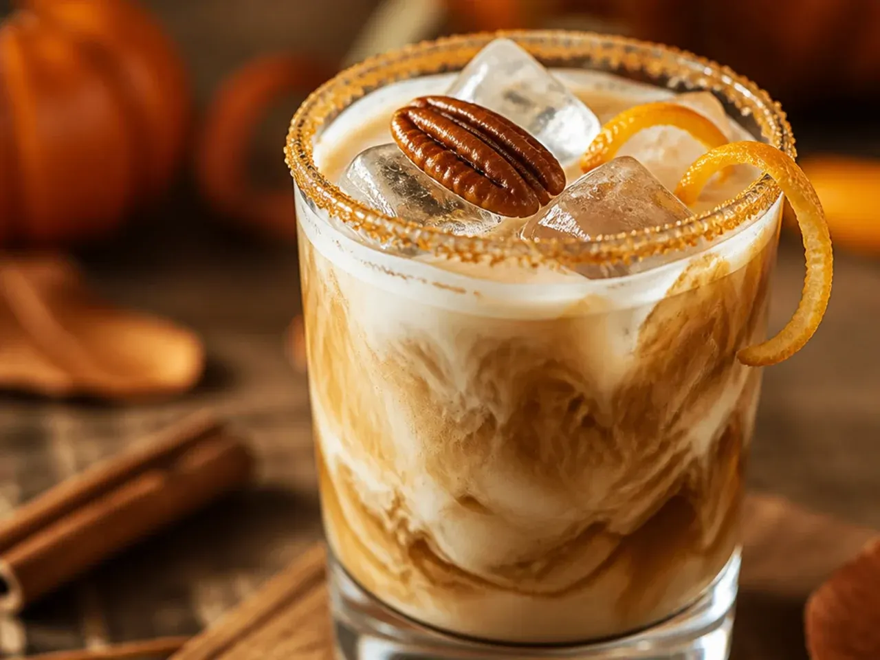 Creamy maple pecan white russian in a rocks glass with a cream float and crushed pecans on top