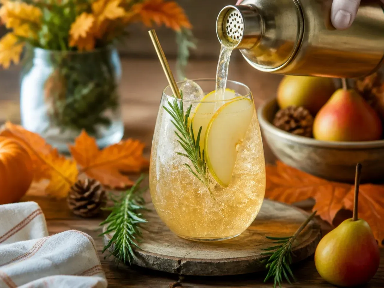 Refreshing rosemary pear spritz in a wine glass with a rosemary sprig garnish and visible bubbles