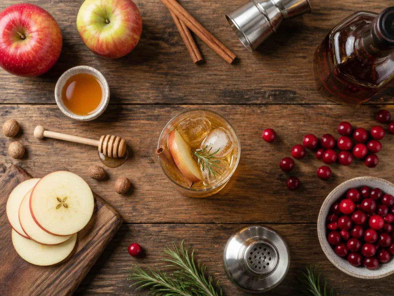Overhead shot of hands garnishing several festive Thanksgiving drinks with cinnamon sticks and citrus slices