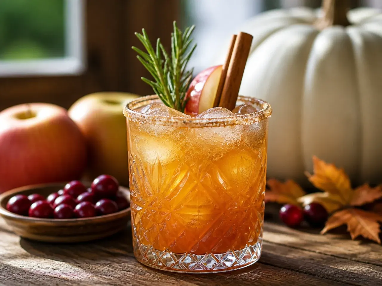 Thanksgiving drinks garnish station with cinnamon sticks, orange slices, cranberries and rosemary sprigs laid out in small bowls