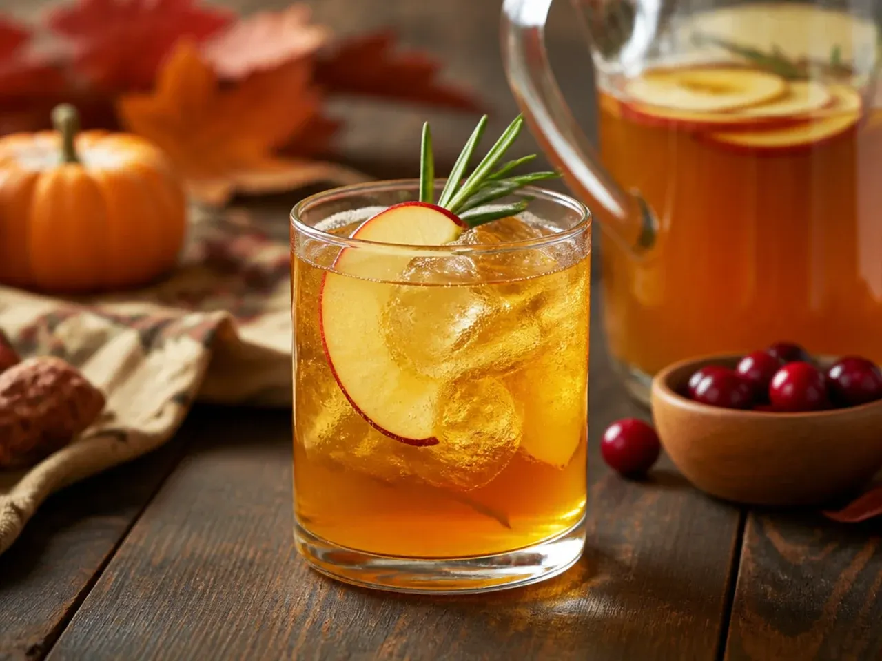 Pitchers and mason jars of make-ahead Thanksgiving drink bases lined up in a refrigerator