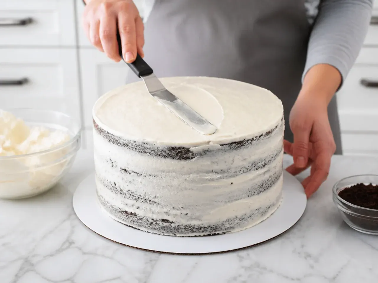 football birthday cake — step 5: fill and crumb coat