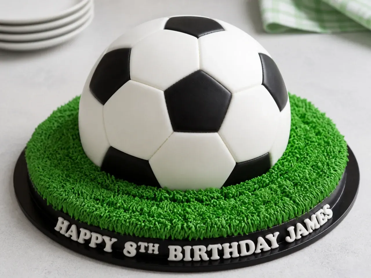 Classic black and white football birthday cake shaped like a match ball on green piped grass